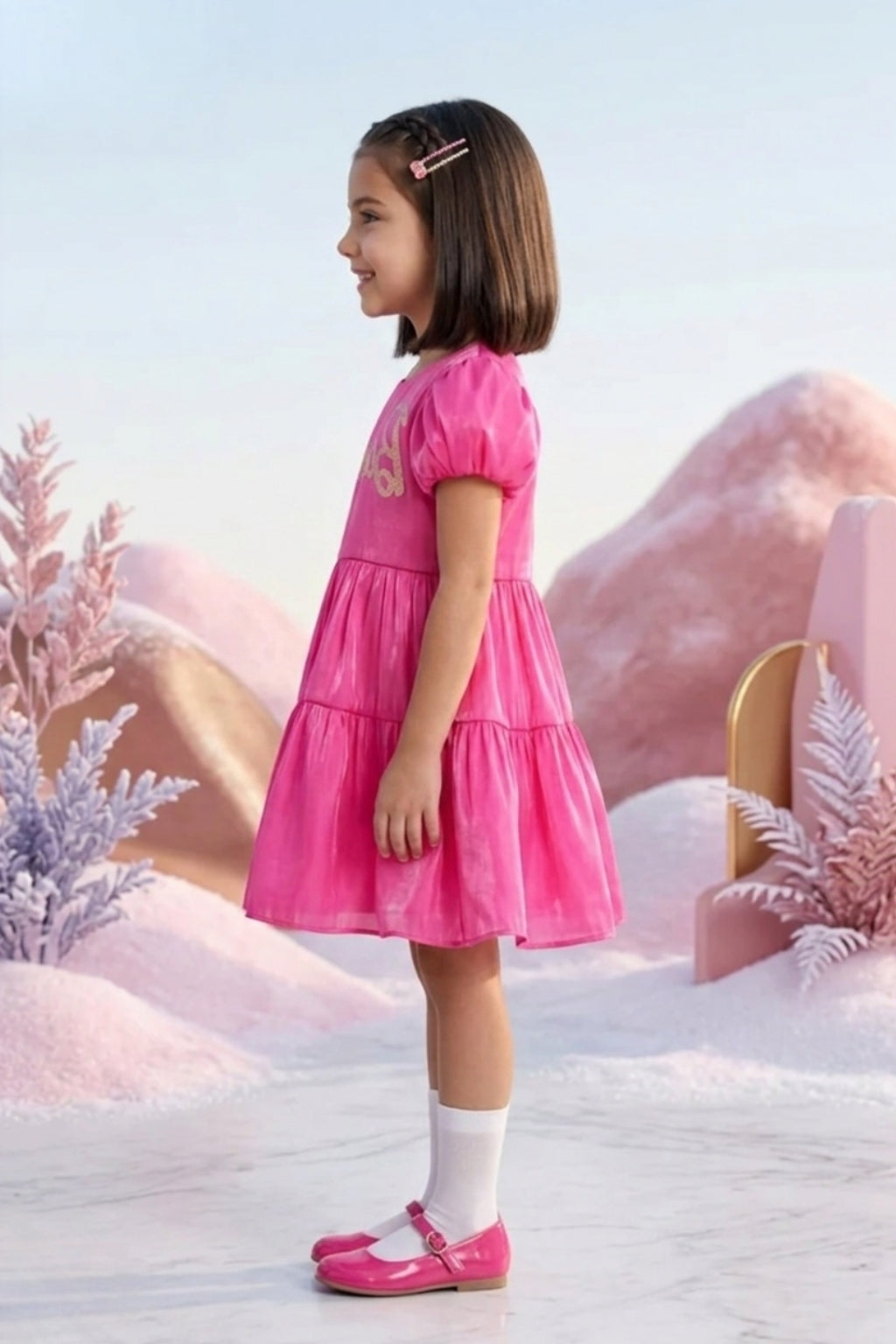 Barbie Hot Pink Satin Puff Sleeve Party Dress BAF219