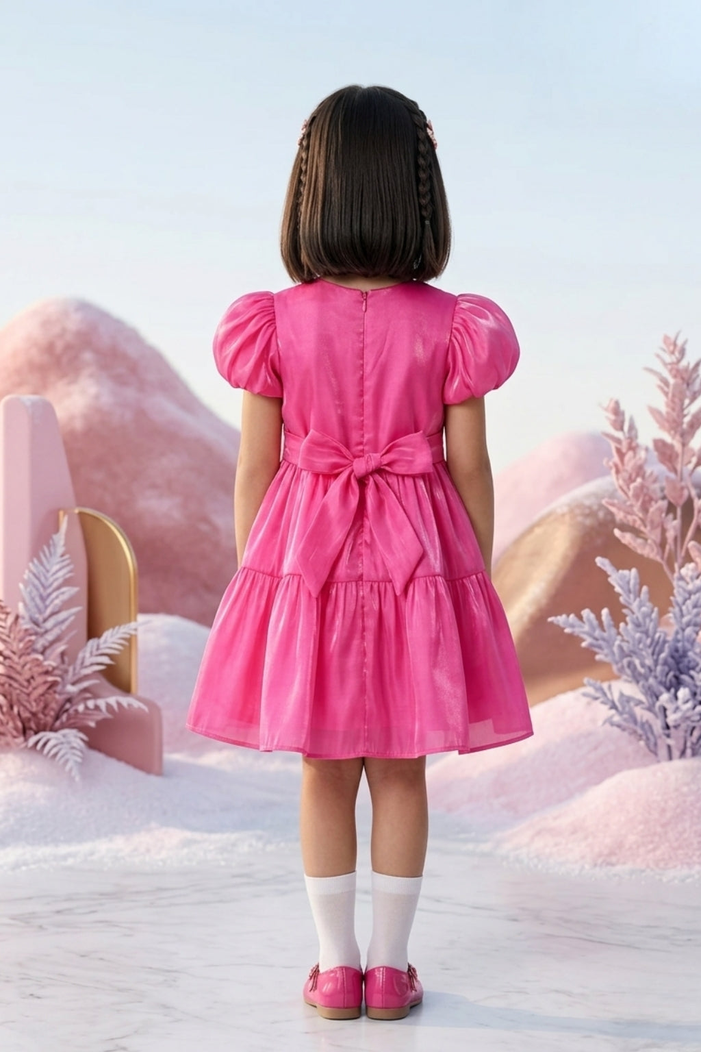 Barbie Hot Pink Satin Puff Sleeve Party Dress BAF219