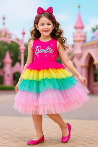 Barbie Rainbow Tulle Layered Party Dress For Girls | Multicolor Birthday Frock | Kids | Tiny Girl India