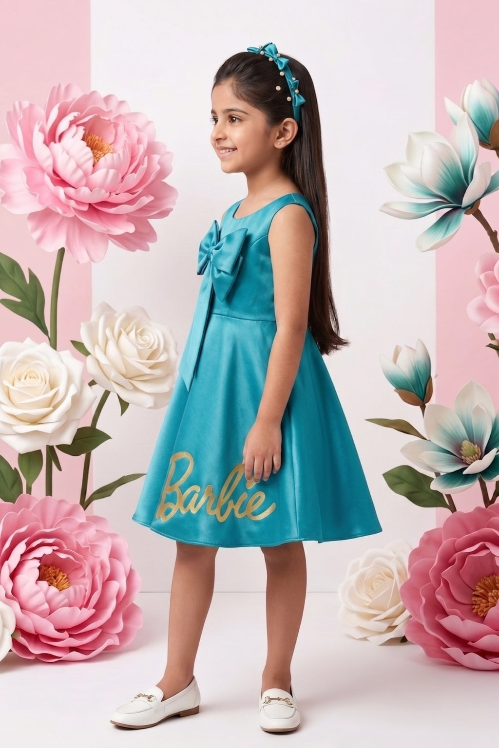 Barbie Turquoise Satin Bow Detail Party Dress BAF225