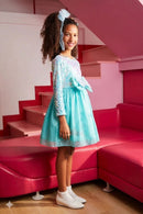 Barbie Aqua Blue Sequin Net Bow Party Dress BAF229