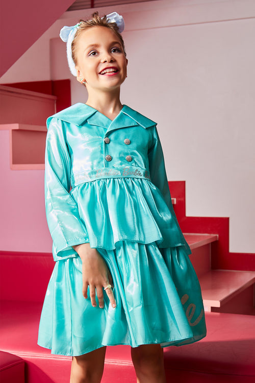 Barbie Aqua Satin Layered Peplum Party Dress BAF231