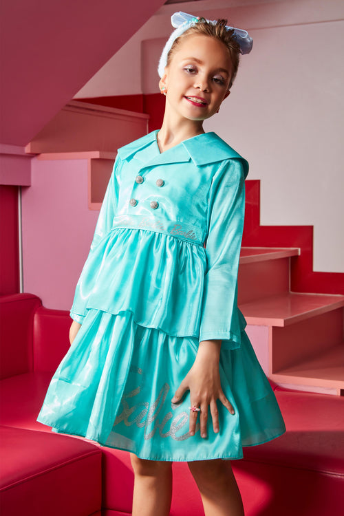 Barbie Aqua Satin Layered Peplum Party Dress BAF231