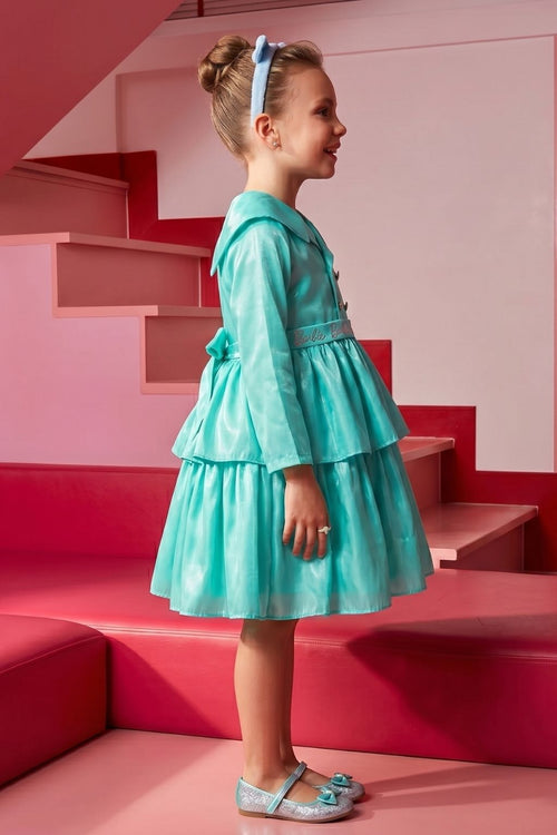 Barbie Aqua Satin Layered Peplum Party Dress BAF231