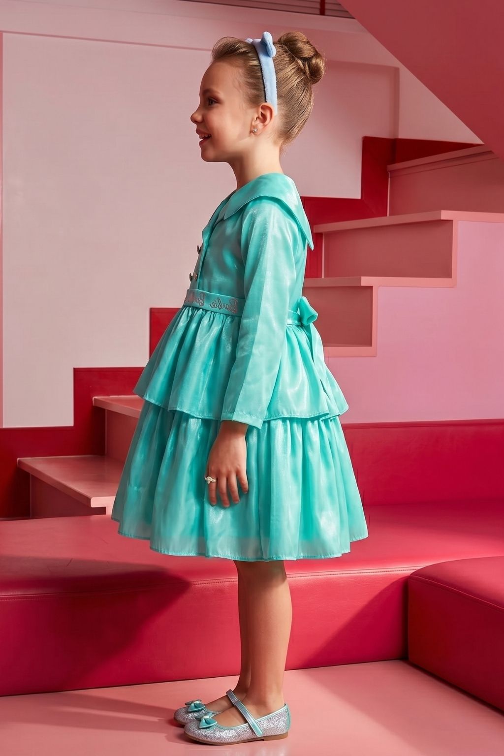 Barbie Aqua Satin Layered Peplum Party Dress BAF231