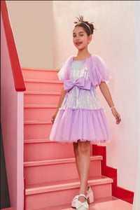 Barbie by Tiny Girl Half Puffed Sleeves Brand Name Printed Bow Applique Sequin Embellished Dress - Lavender