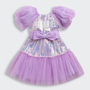 Barbie by Tiny Girl Half Puffed Sleeves Brand Name Printed Bow Applique Sequin Embellished Dress - Lavender