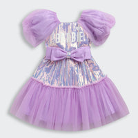 Barbie by Tiny Girl Half Puffed Sleeves Brand Name Printed Bow Applique Sequin Embellished Dress - Lavender