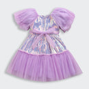 Barbie by Tiny Girl Half Puffed Sleeves Brand Name Printed Bow Applique Sequin Embellished Dress - Lavender