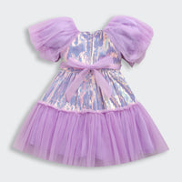 Barbie by Tiny Girl Half Puffed Sleeves Brand Name Printed Bow Applique Sequin Embellished Dress - Lavender