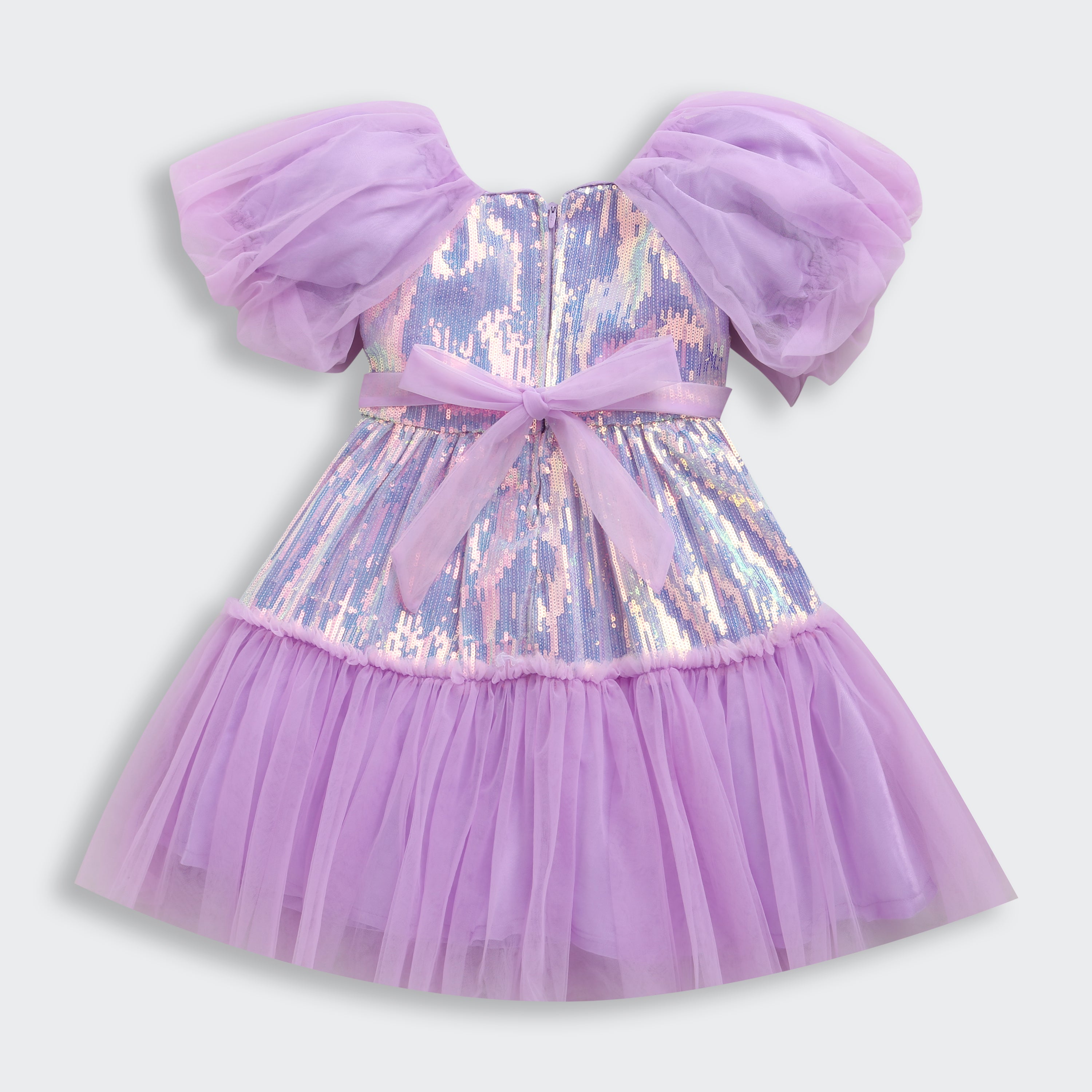 Barbie by Tiny Girl Half Puffed Sleeves Brand Name Printed Bow Applique Sequin Embellished Dress - Lavender