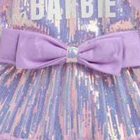Barbie by Tiny Girl Half Puffed Sleeves Brand Name Printed Bow Applique Sequin Embellished Dress - Lavender