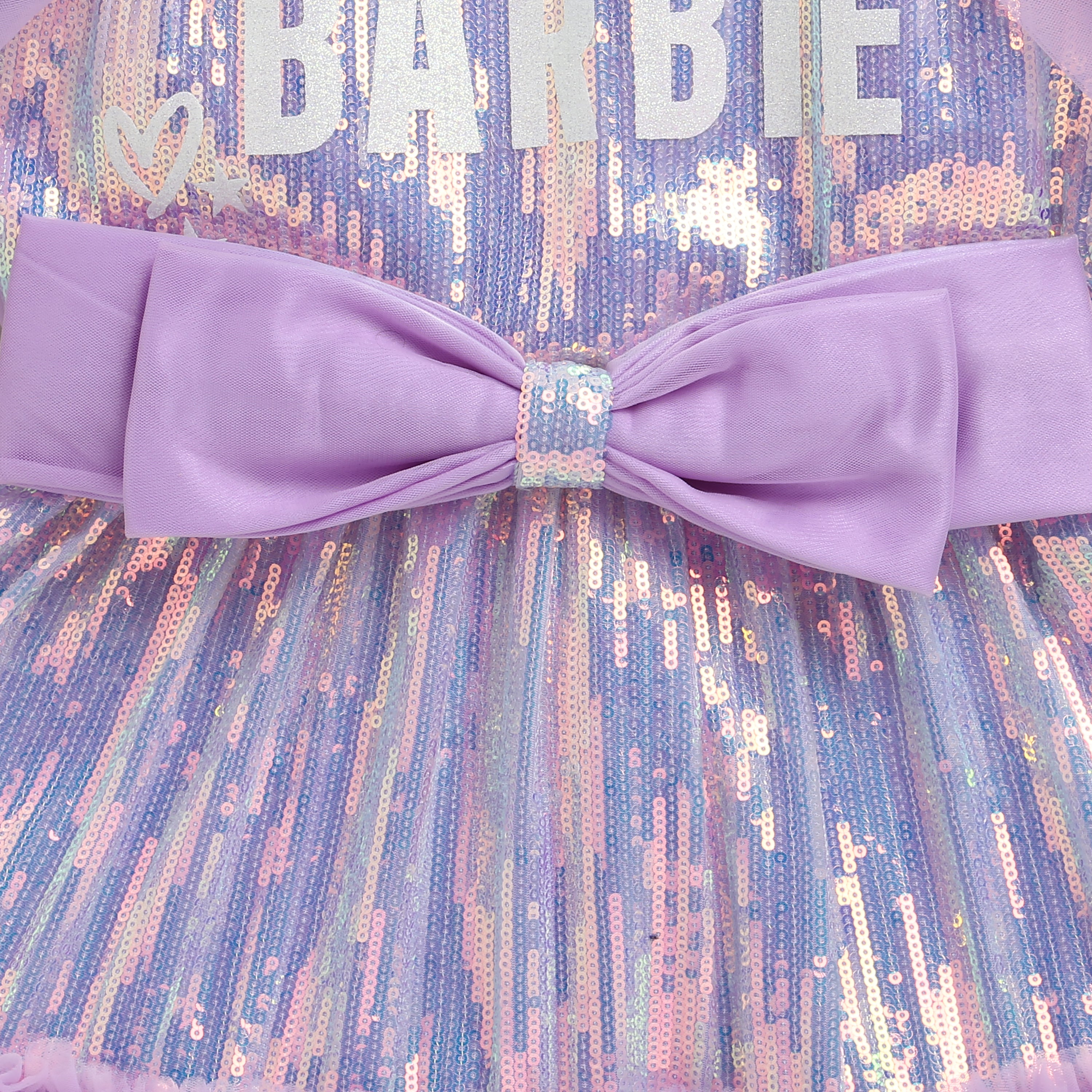 Barbie by Tiny Girl Half Puffed Sleeves Brand Name Printed Bow Applique Sequin Embellished Dress - Lavender