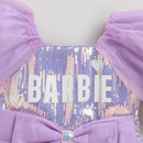 Barbie by Tiny Girl Half Puffed Sleeves Brand Name Printed Bow Applique Sequin Embellished Dress - Lavender