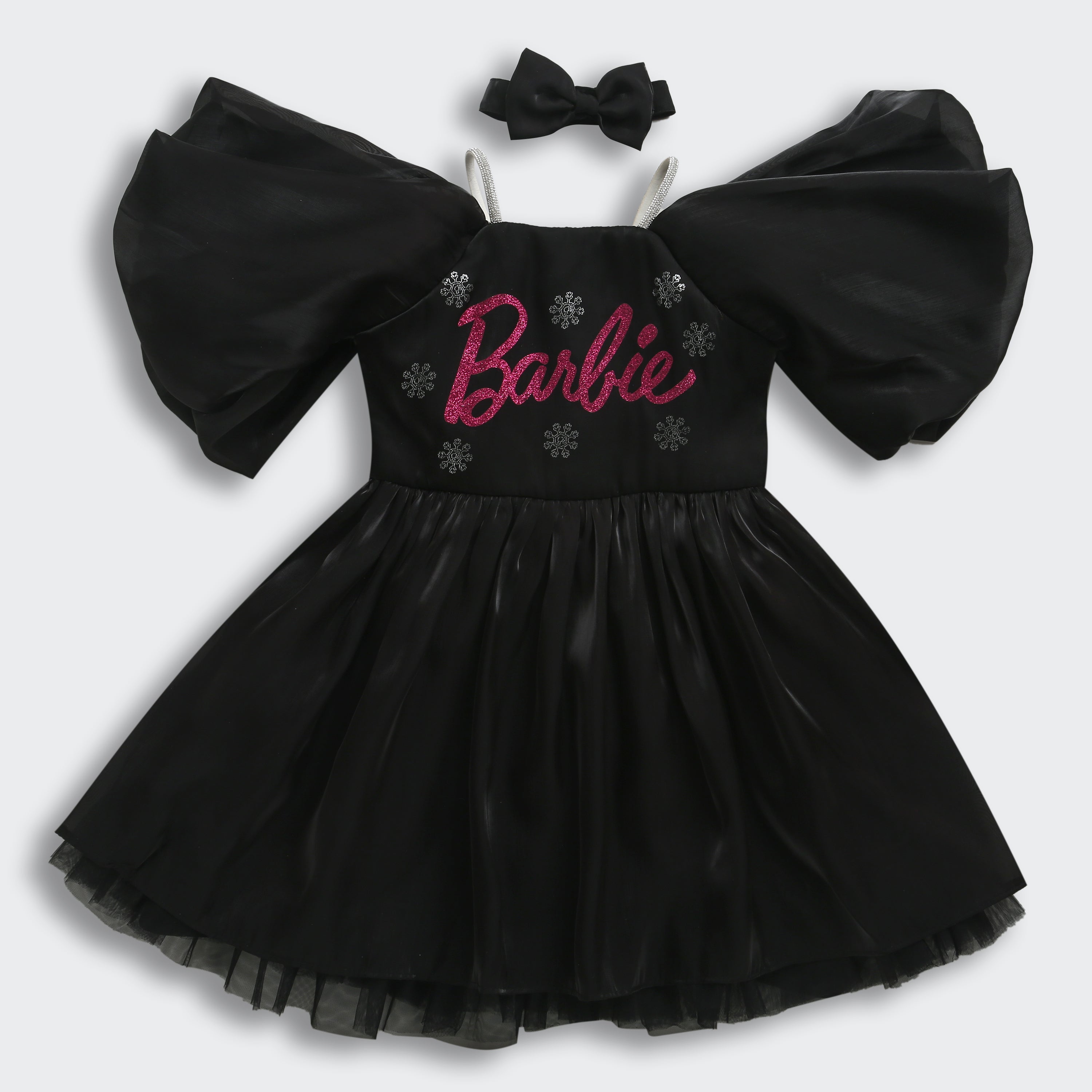 Barbie Black Satin Puff Sleeve Party Dress For Girls | Stylish Festive Outfit | Kids | Tiny Girl India