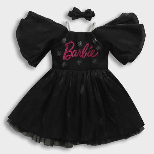 Barbie Black Satin Puff Sleeve Party Dress BAF236