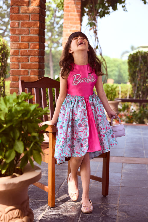 Barbie Pink And Aqua High-Low Satin Party Dress BAF250