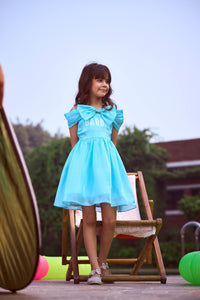 Barbie Aqua Satin Bow Detail Party Dress For Girls | Stylish Birthday Outfit | Kids | Tiny Girl India