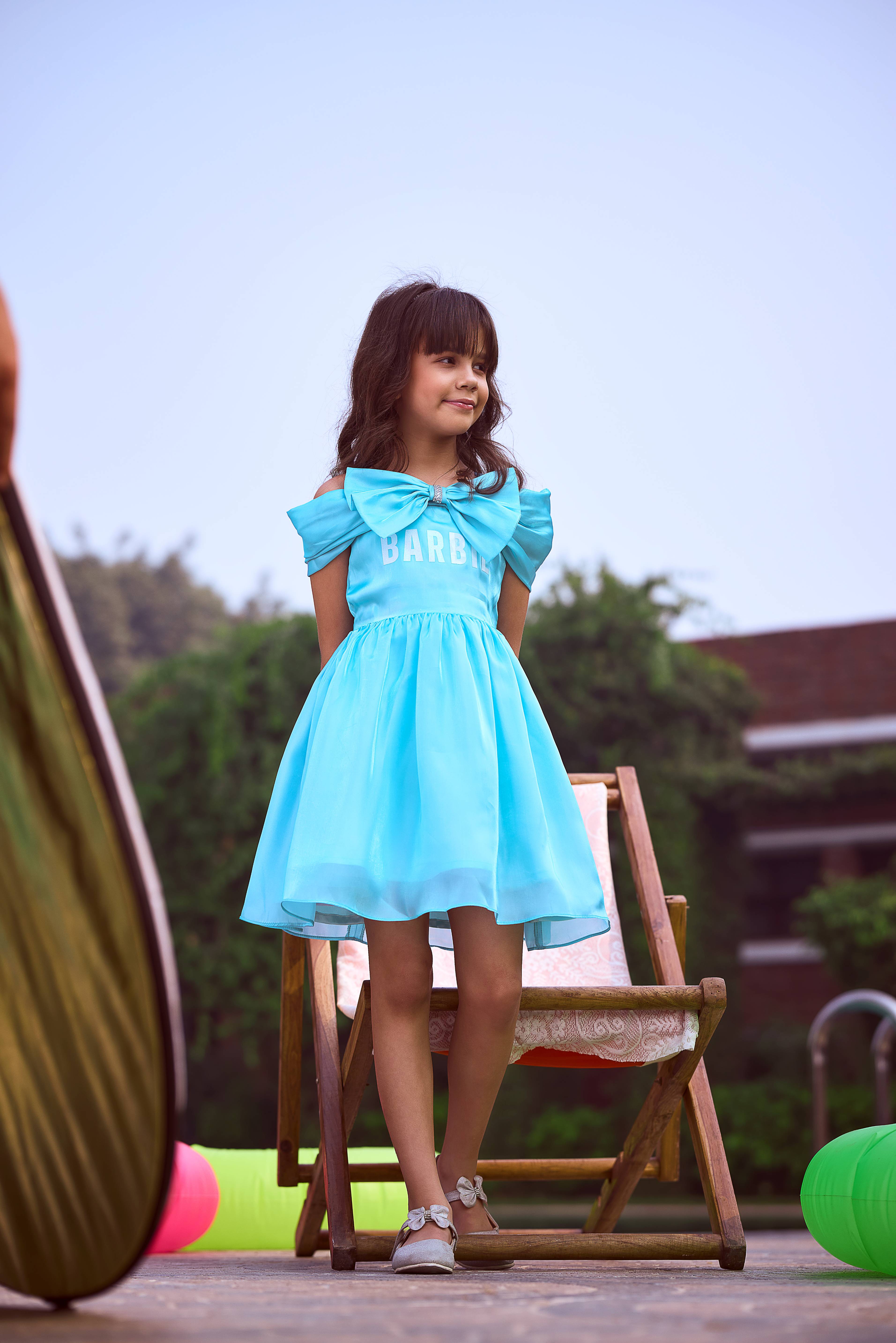Barbie Aqua Satin Bow Detail Party Dress For Girls | Stylish Birthday Outfit | Kids | Tiny Girl India