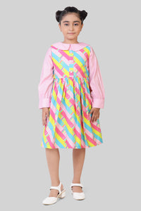 Barbie Multicolor Printed Cotton Casual Dress For Girls | Peter Pan Collar Outfit | Kids | Tiny Girl India