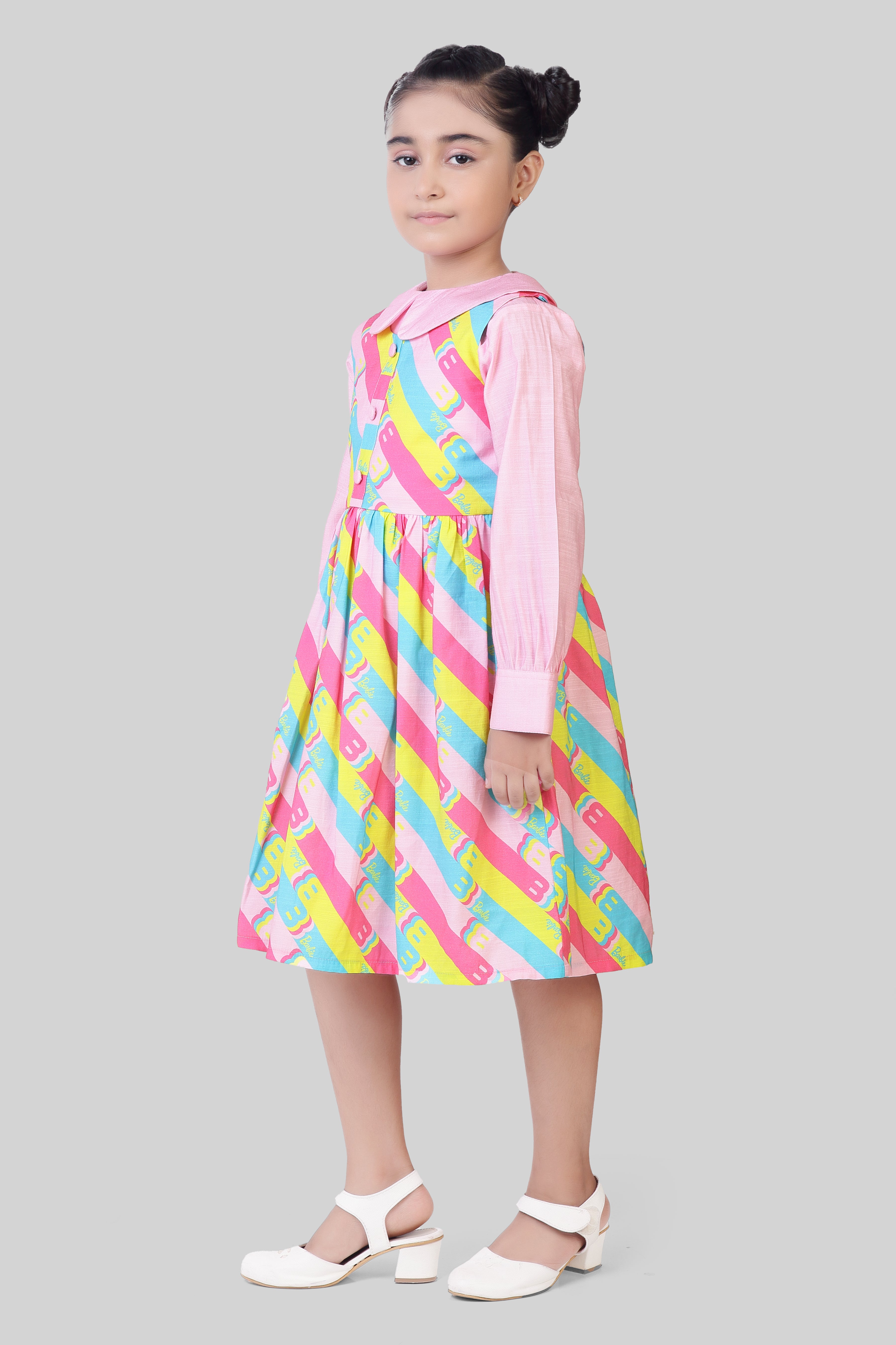 Barbie Multicolor Printed Cotton Casual Dress For Girls | Peter Pan Collar Outfit | Kids | Tiny Girl India