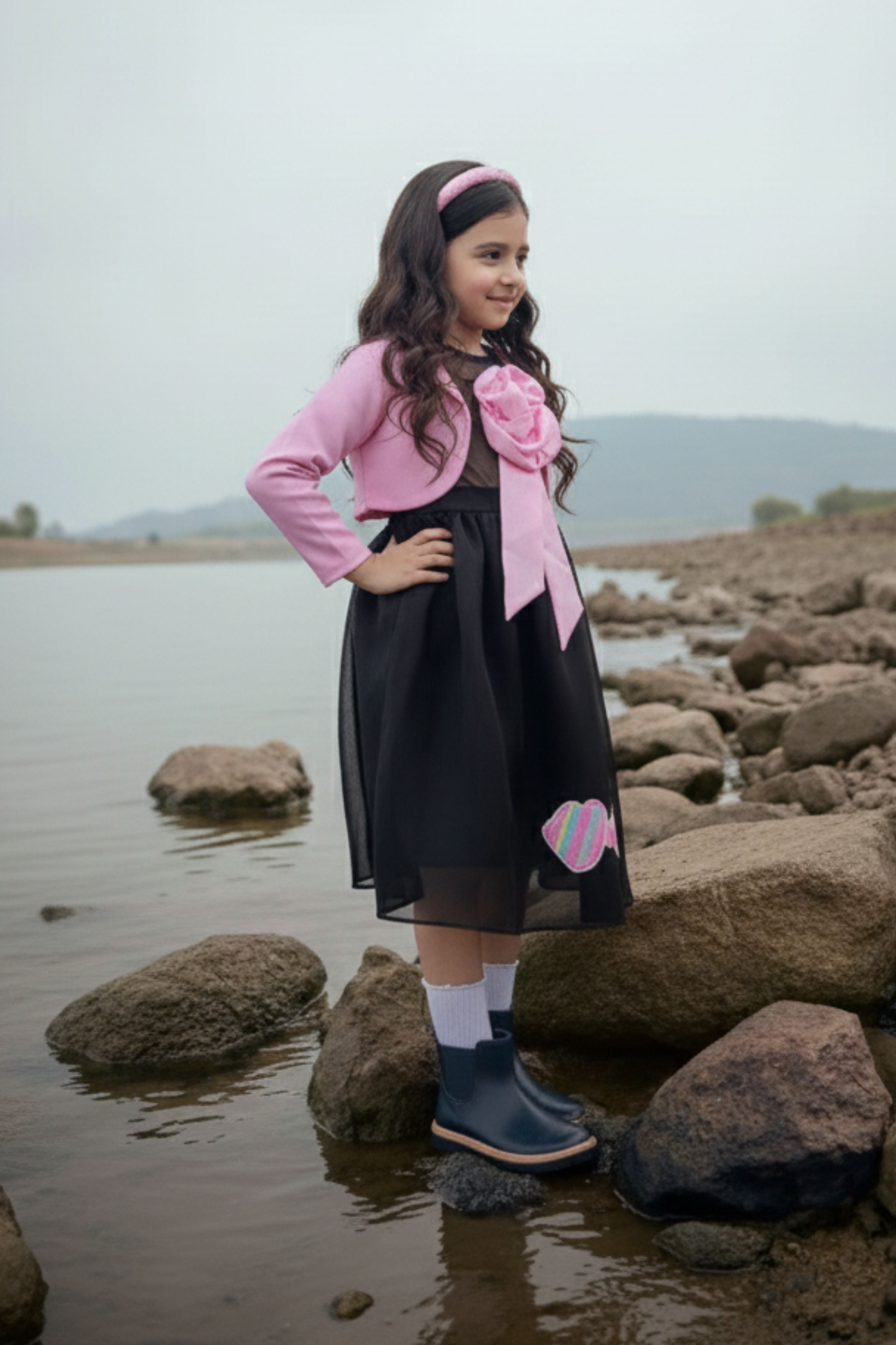 Barbie Girls Black Party Dress With Pink Jacket For Girls | Soft & Stylish Festive Outfit | Kids | Tiny Girl India