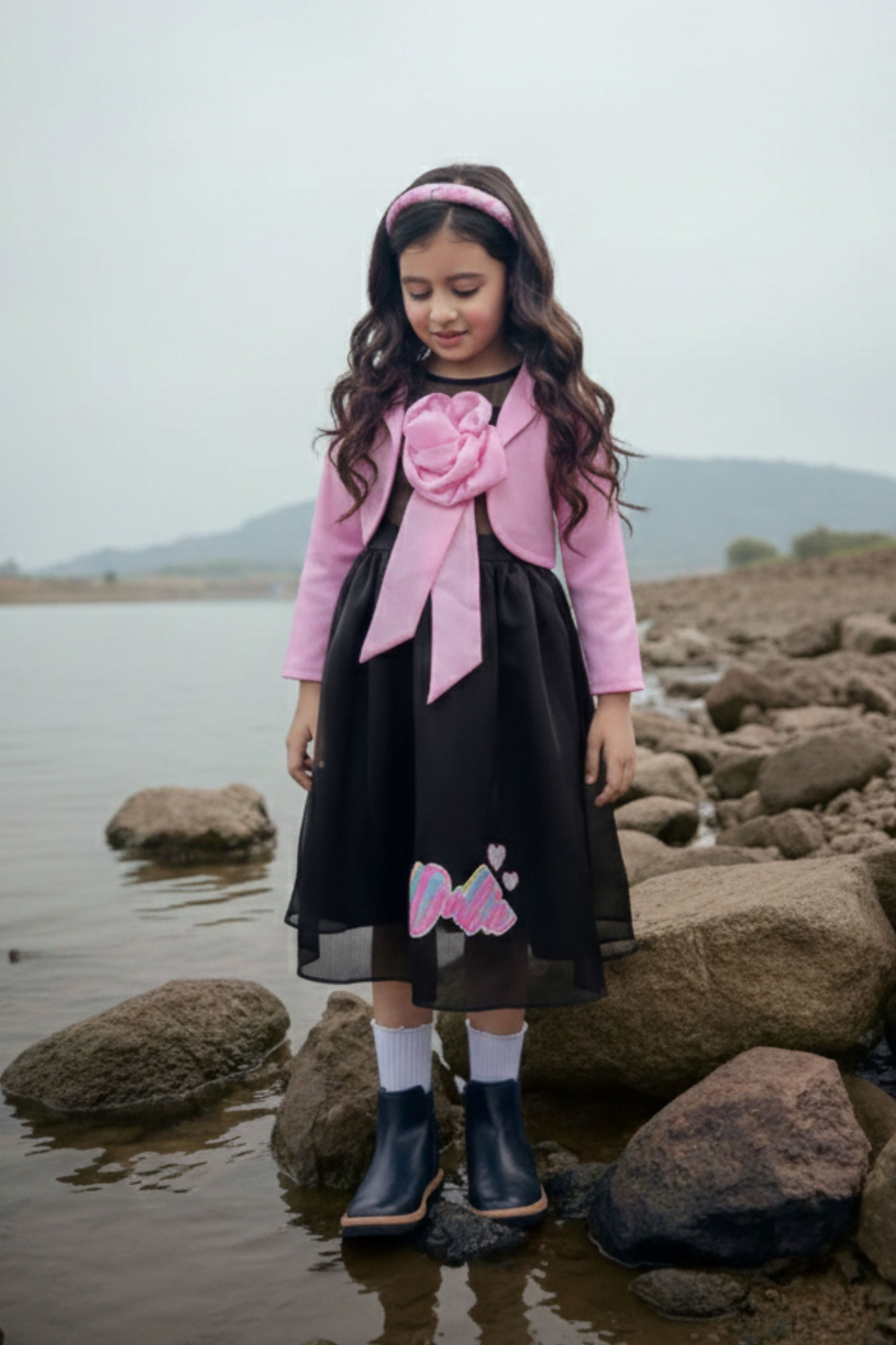 Barbie Girls Black Party Dress With Pink Jacket For Girls | Soft & Stylish Festive Outfit | Kids | Tiny Girl India