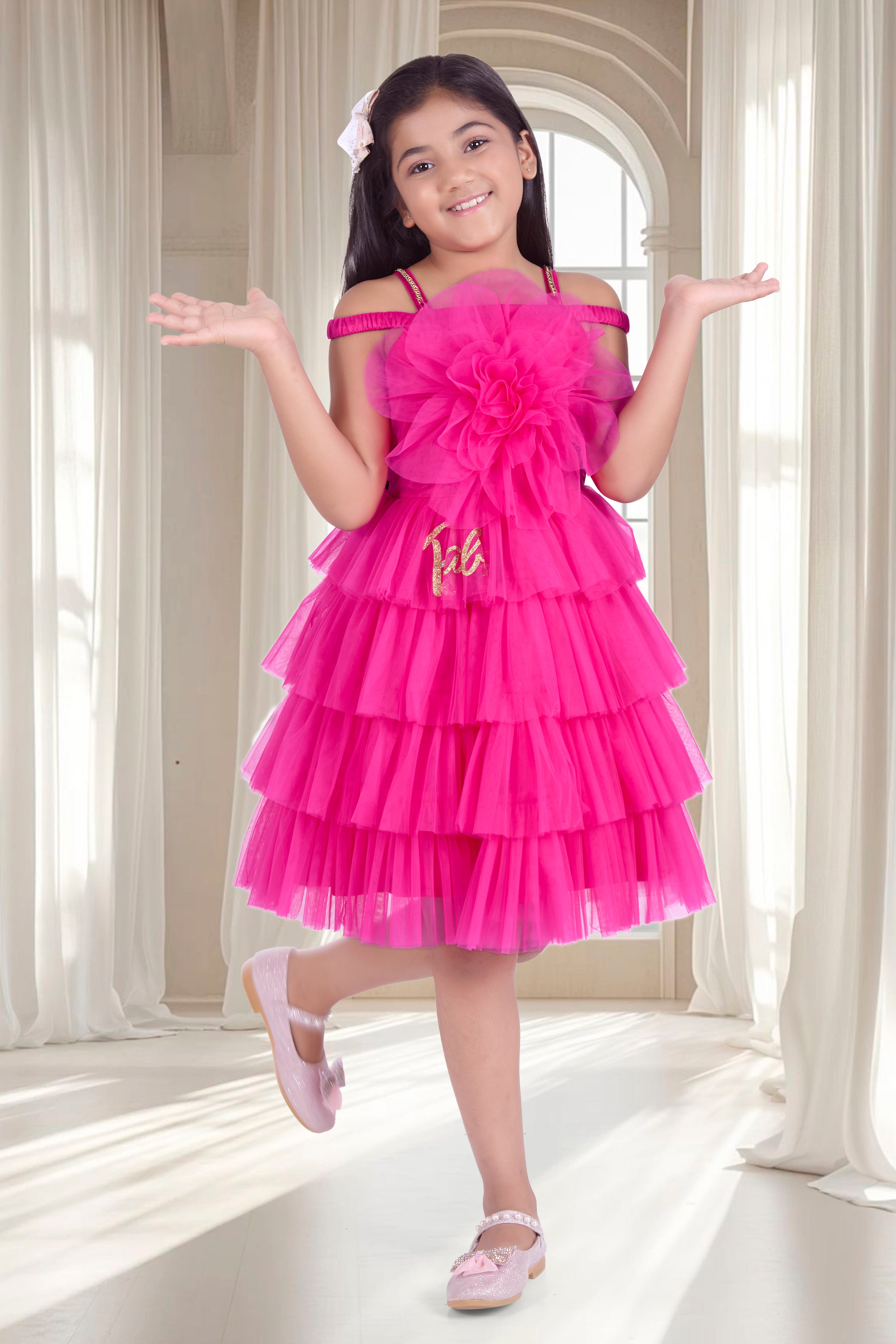 Barbie Pink Layered Ruffle Party Dress for Girls | Off-Shoulder Flower Design | Festive & Birthday Outfit