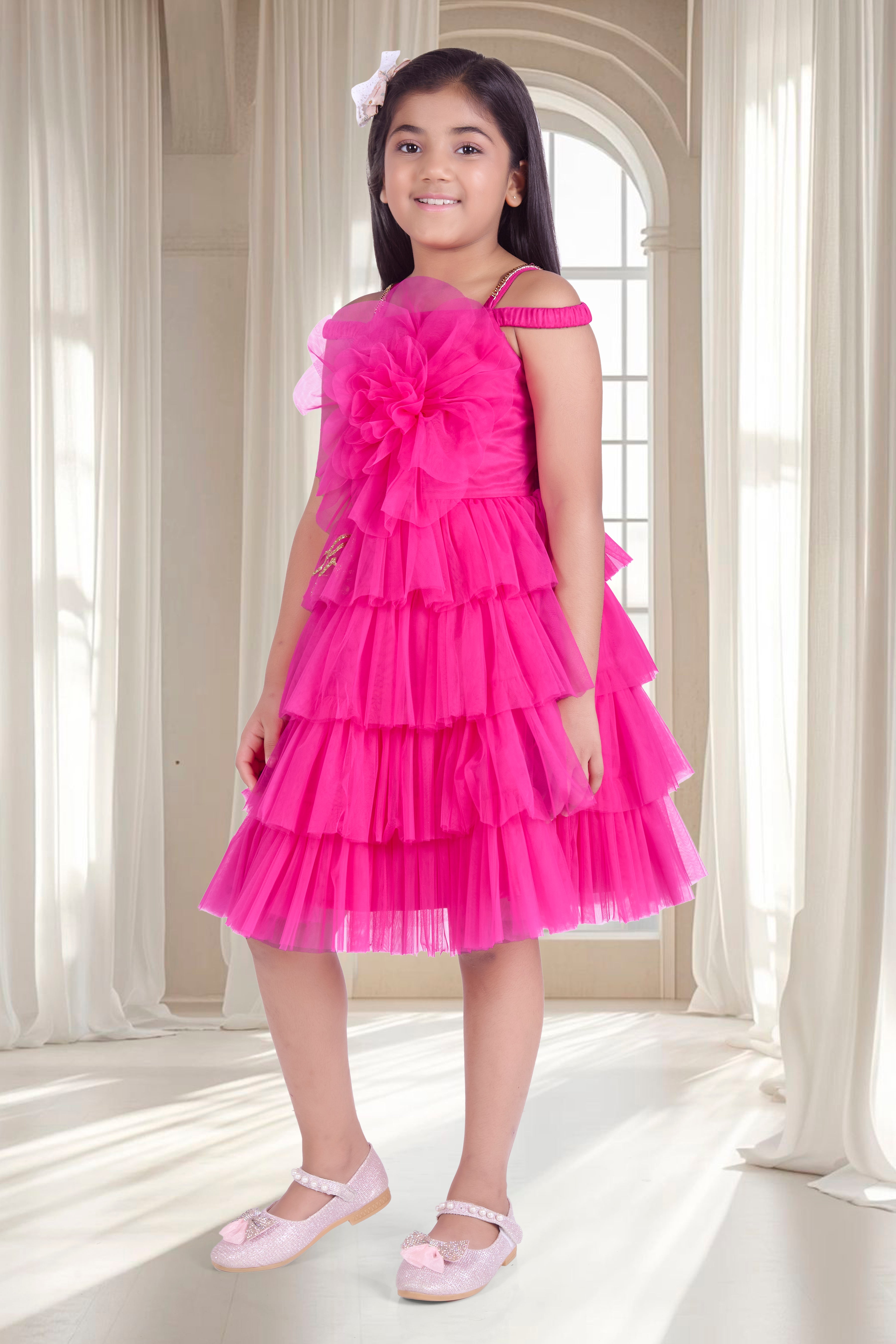 Barbie Pink Layered Ruffle Party Dress for Girls | Off-Shoulder Flower Design | Festive & Birthday Outfit