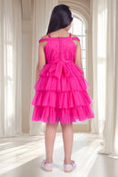 Barbie Pink Layered Ruffle Party Dress for Girls | Off-Shoulder Flower Design | Festive & Birthday Outfit