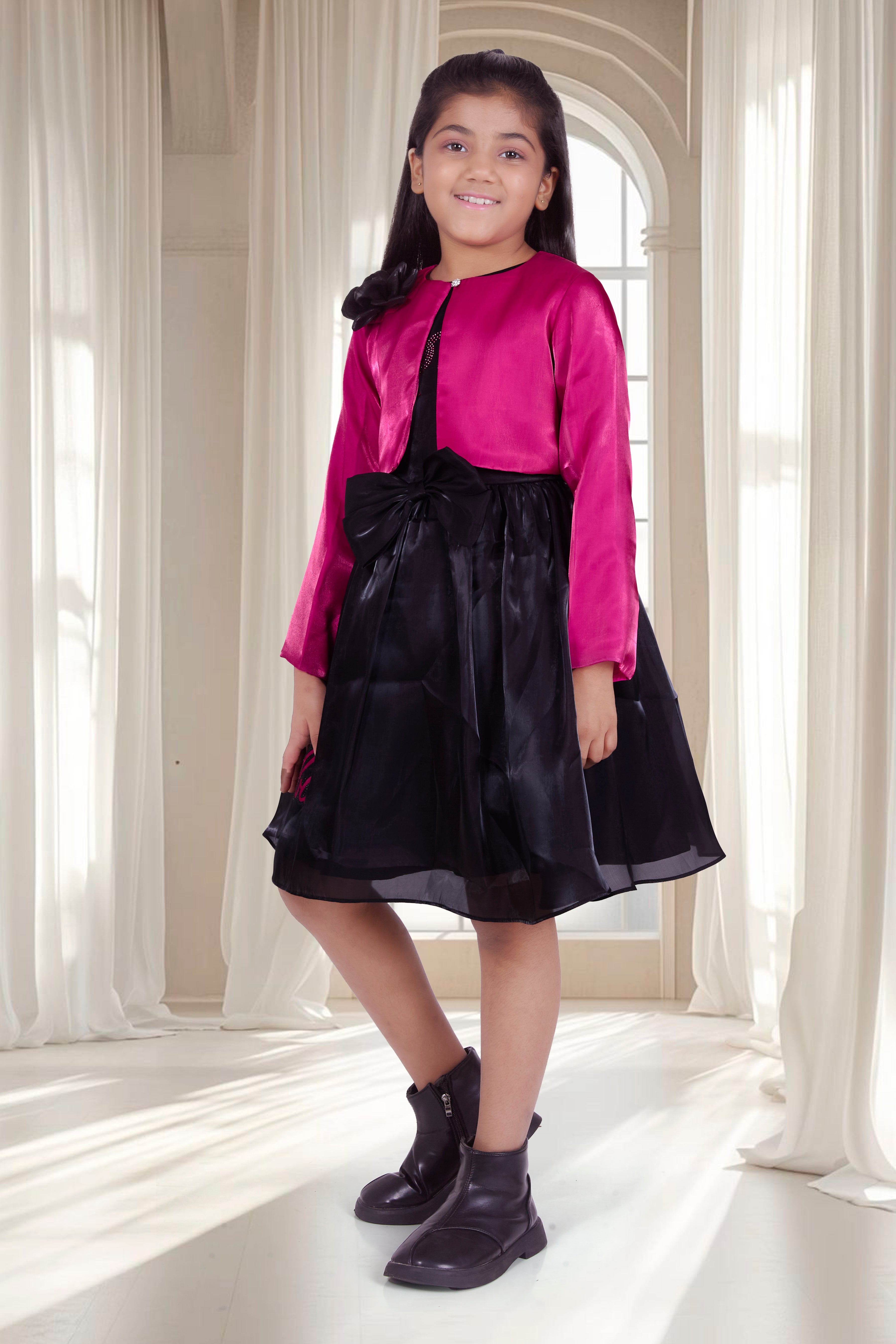 Barbie Black Party Dress With Hot Pink Jacket for Girls | Elegant Bow Design | Festive & Birthday Wear