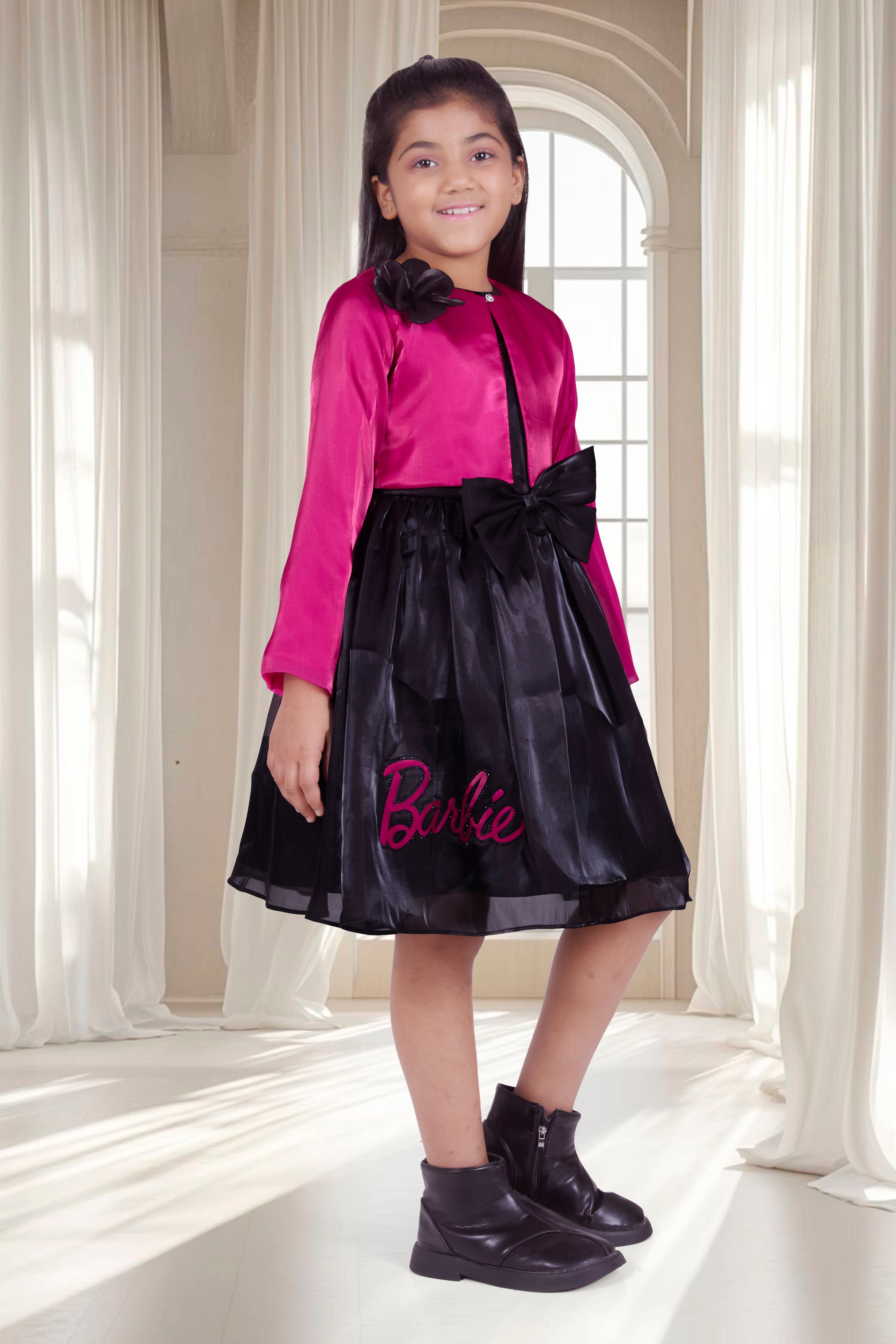 Barbie Black Party Dress With Hot Pink Jacket for Girls | Elegant Bow Design | Festive & Birthday Wear
