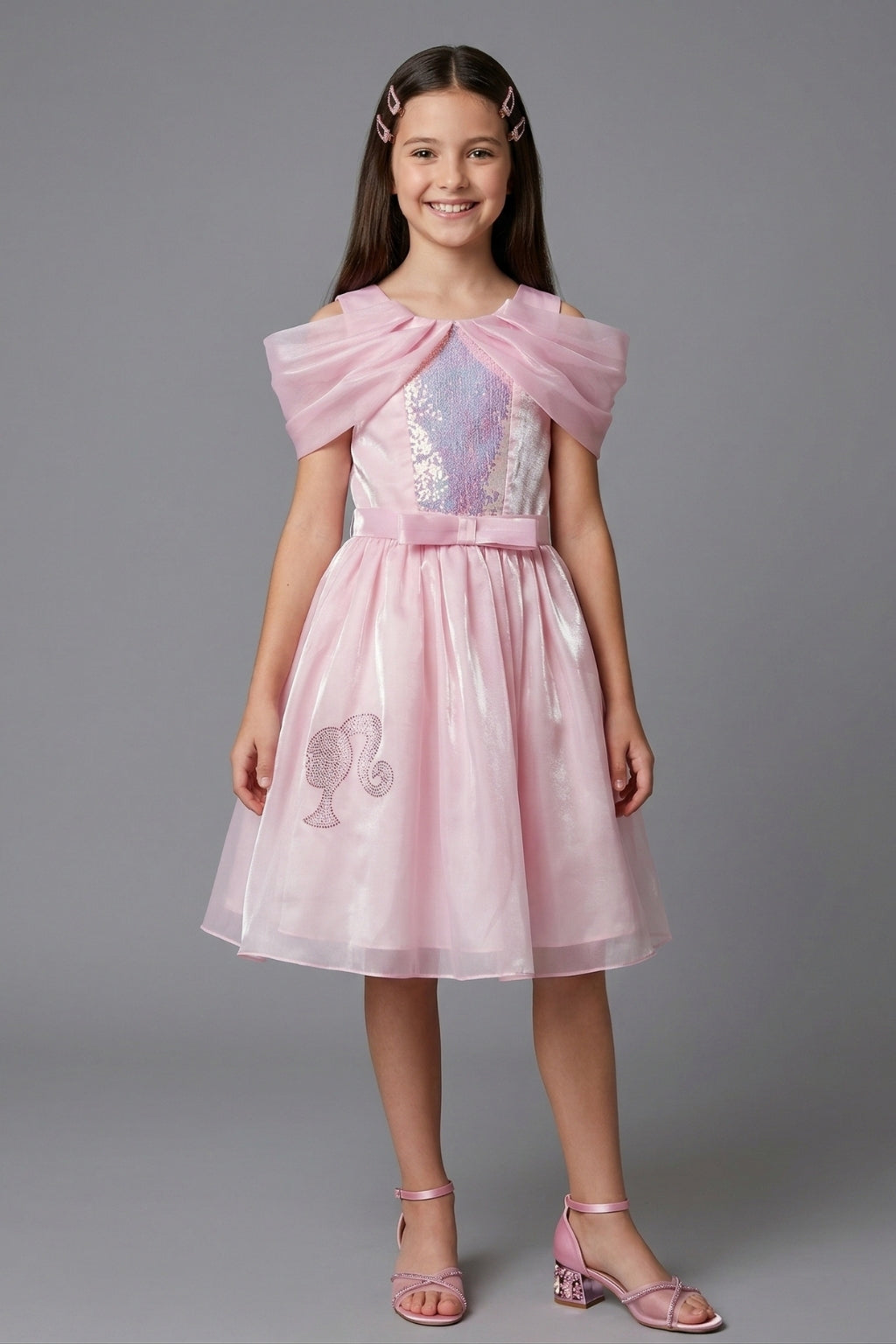 Barbie Girls Light Pink Shimmer Party Dress with Cape Sleeves F307