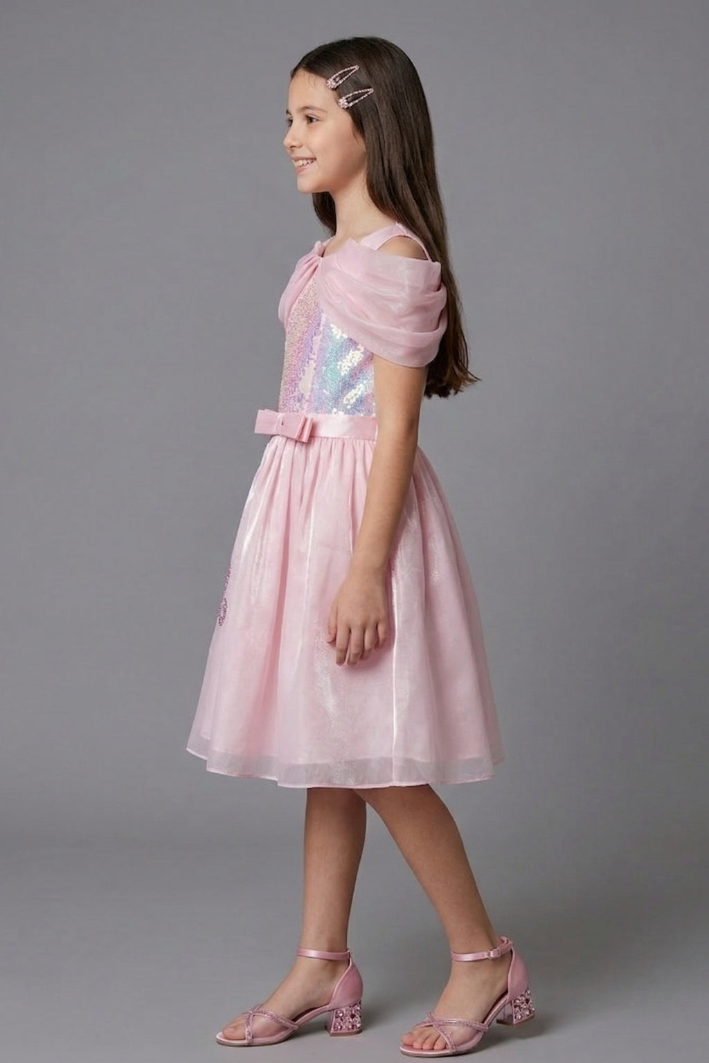 Barbie Girls Light Pink Shimmer Party Dress with Cape Sleeves BAF307