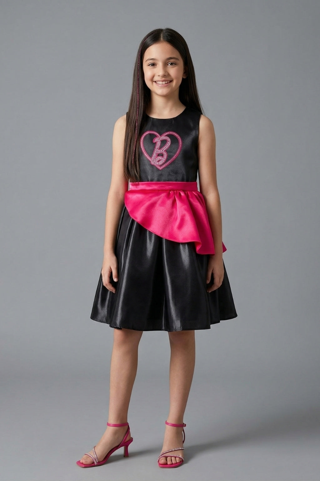 Barbie Girls Elegant Black Party Dress with Pink Waist Bow F309