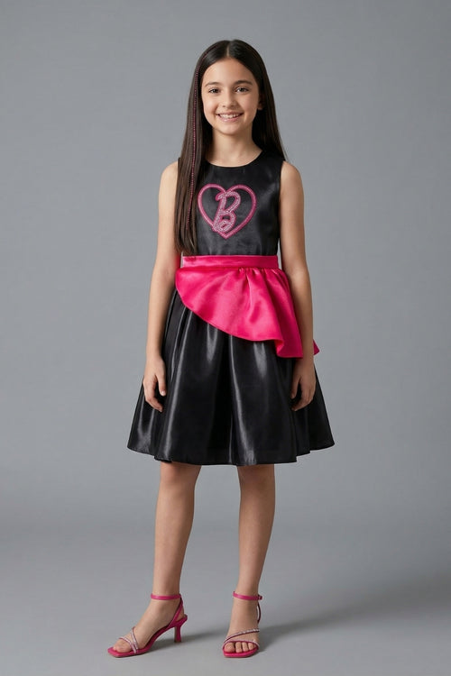 Barbie Girls Elegant Black Party Dress with Pink Waist Bow F309