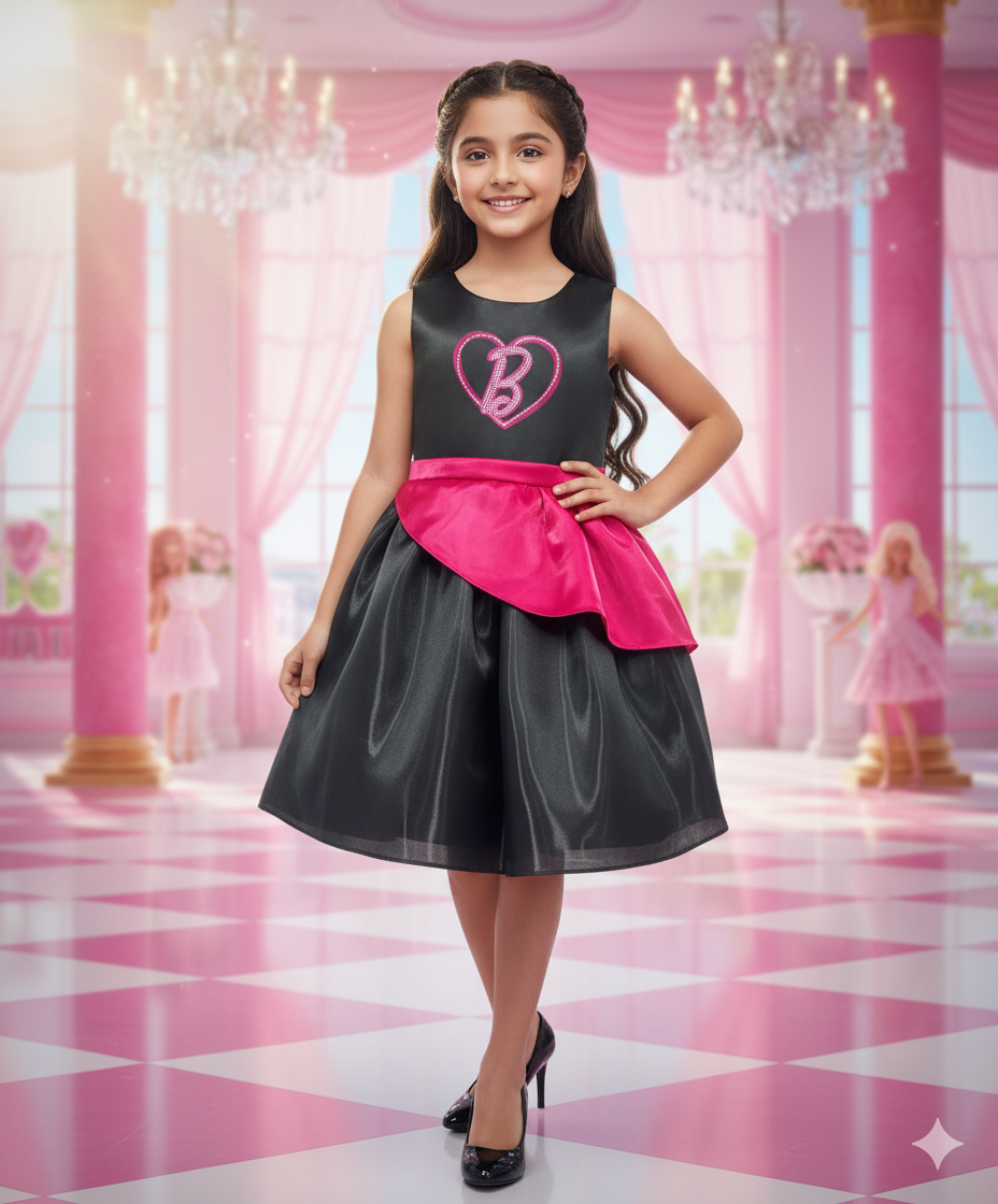 Barbie Girls Elegant Black Party Dress with Pink Waist Bow F309