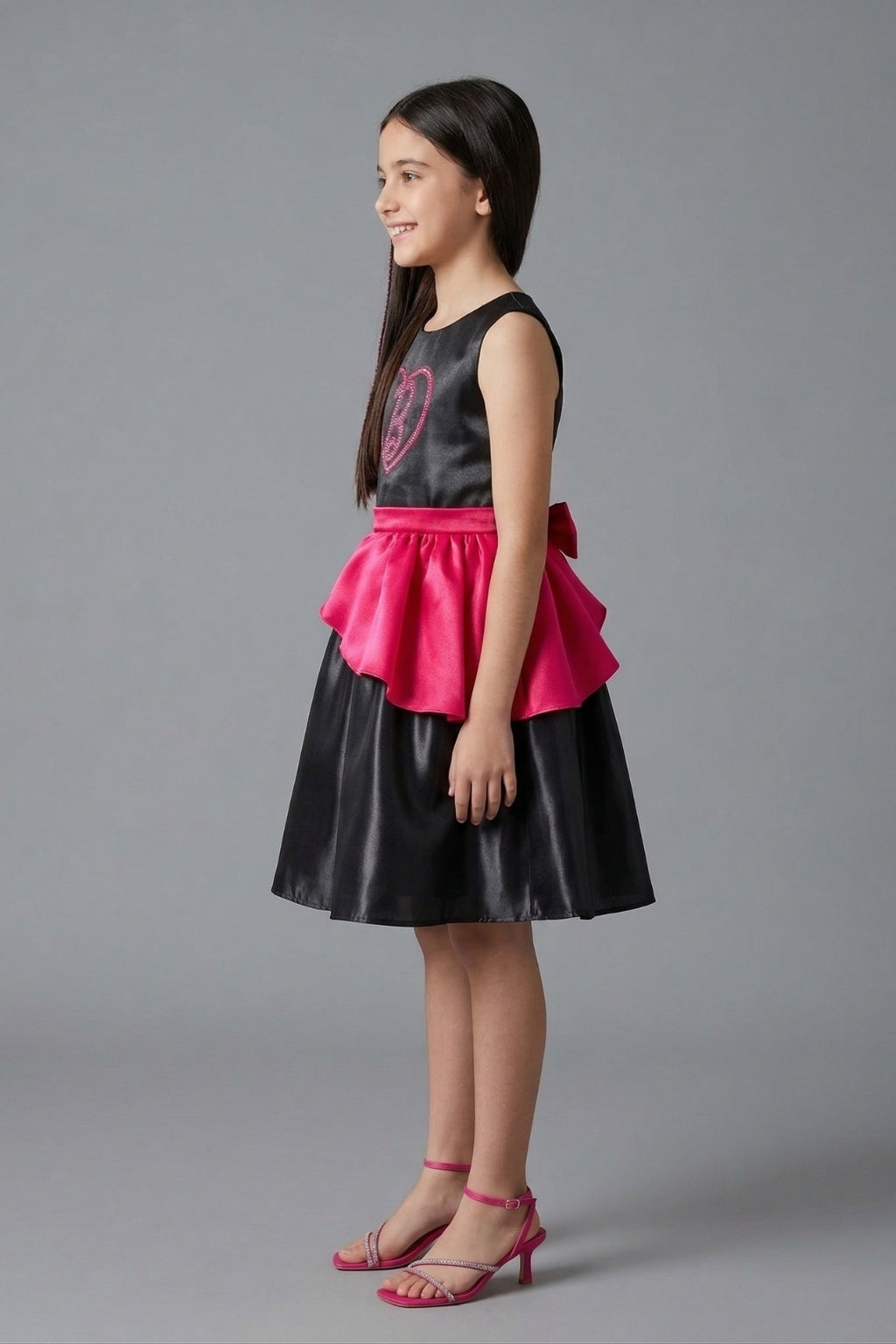Barbie Girls Elegant Black Party Dress with Pink Waist Bow F309
