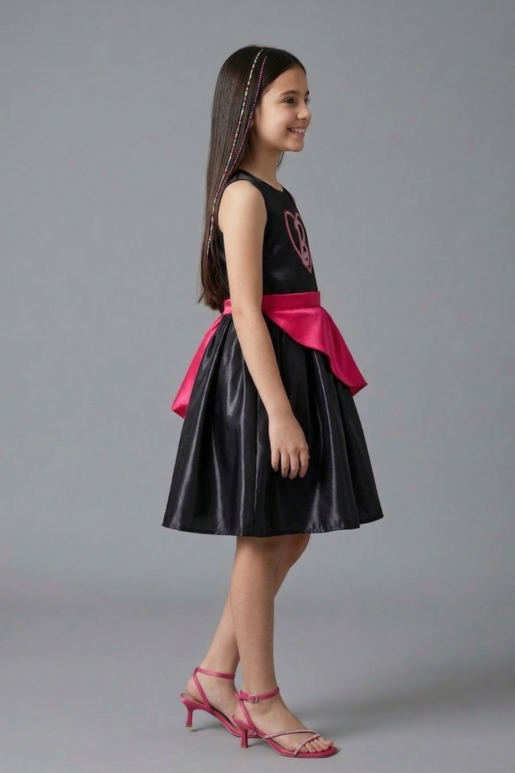Barbie Girls Elegant Black Party Dress with Pink Waist Bow F309