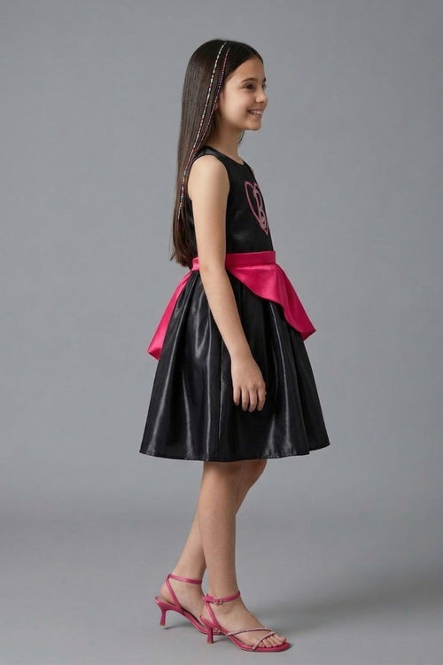Barbie Girls Elegant Black Party Dress with Pink Waist Bow F309