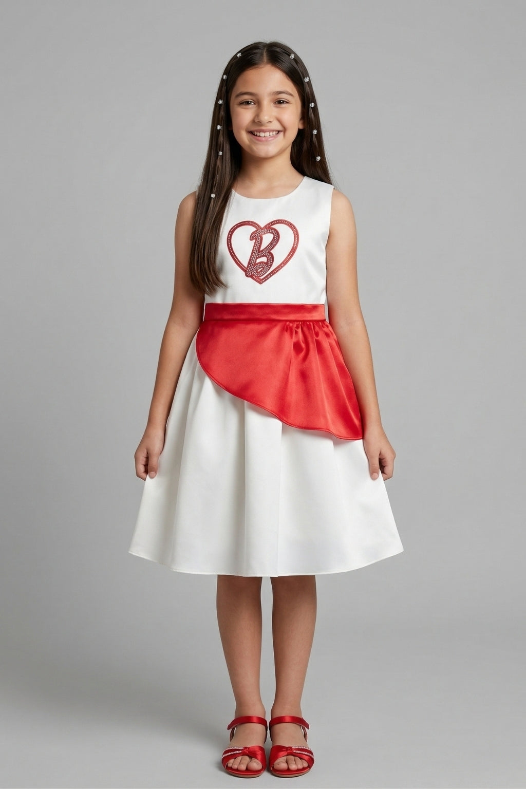 Barbie White Fit & Flare Dress with Red Peplum Waist for Girls F309