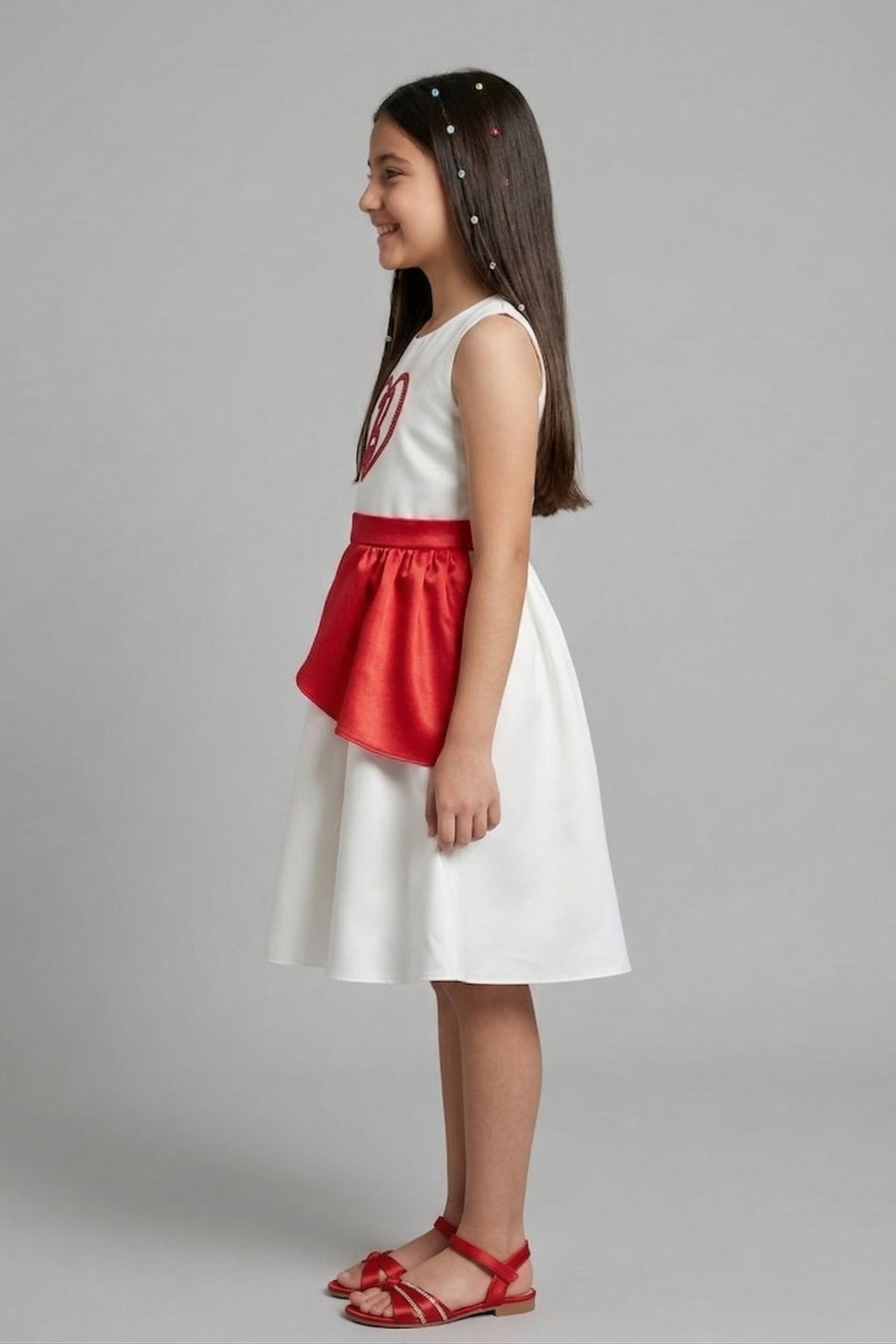 Barbie White Fit & Flare Dress with Red Peplum Waist for Girls F309