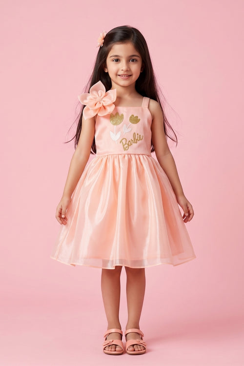 Barbie Peach Floral Shimmer Party Frock BAF310