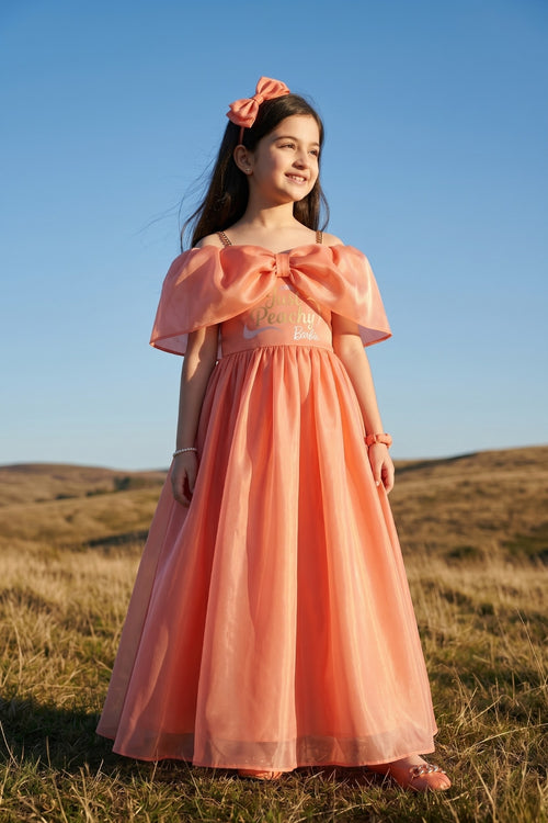 Barbie Girls Peach Bow Party Gown Off Shoulder Tulle BAG430