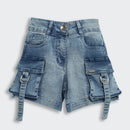 Barbie Stone Washed Cargo Denim Shorts For Girls | Utility Pocket Detail Casual Wear | Kids | Tiny Girl India