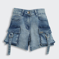Barbie Stone Washed Cargo Denim Shorts For Girls | Utility Pocket Detail Casual Wear | Kids | Tiny Girl India