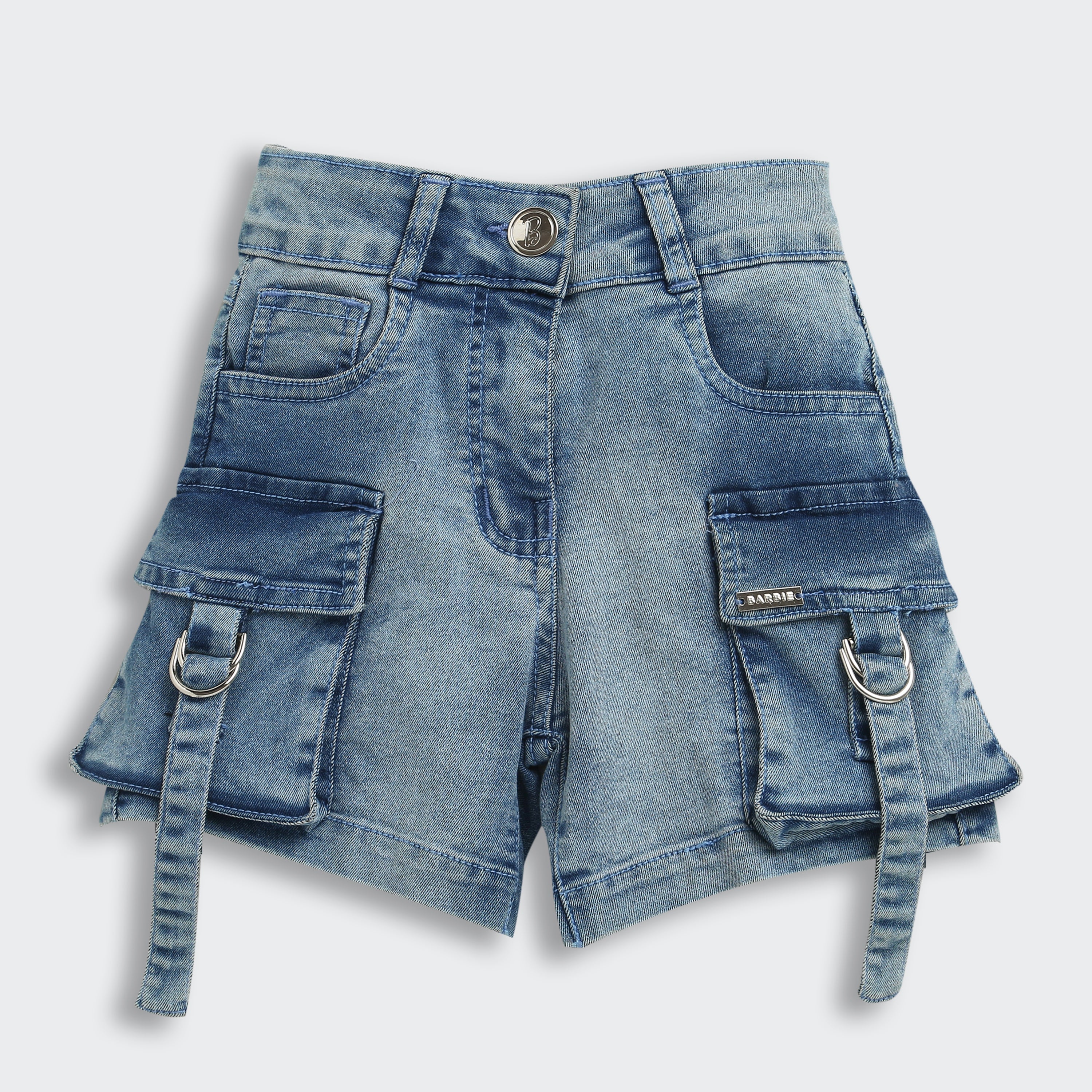 Barbie Stone Washed Cargo Denim Shorts For Girls | Utility Pocket Detail Casual Wear | Kids | Tiny Girl India