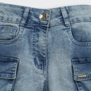 Barbie Stone Washed Cargo Denim Shorts For Girls | Utility Pocket Detail Casual Wear | Kids | Tiny Girl India