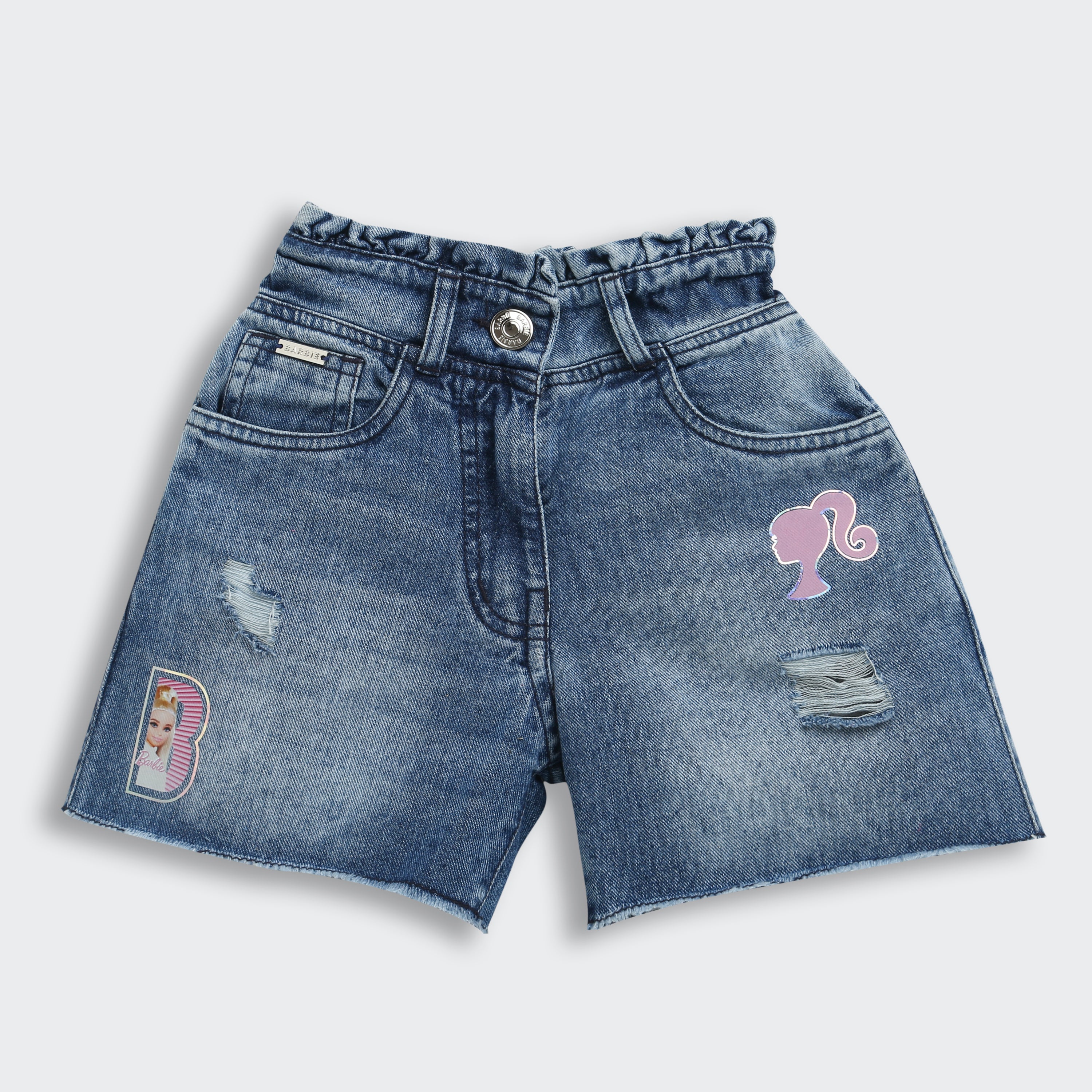 Barbie Distressed Blue Denim Shorts For Girls | Casual Everyday Wear With Logo Patch | Kids | Tiny Girl India