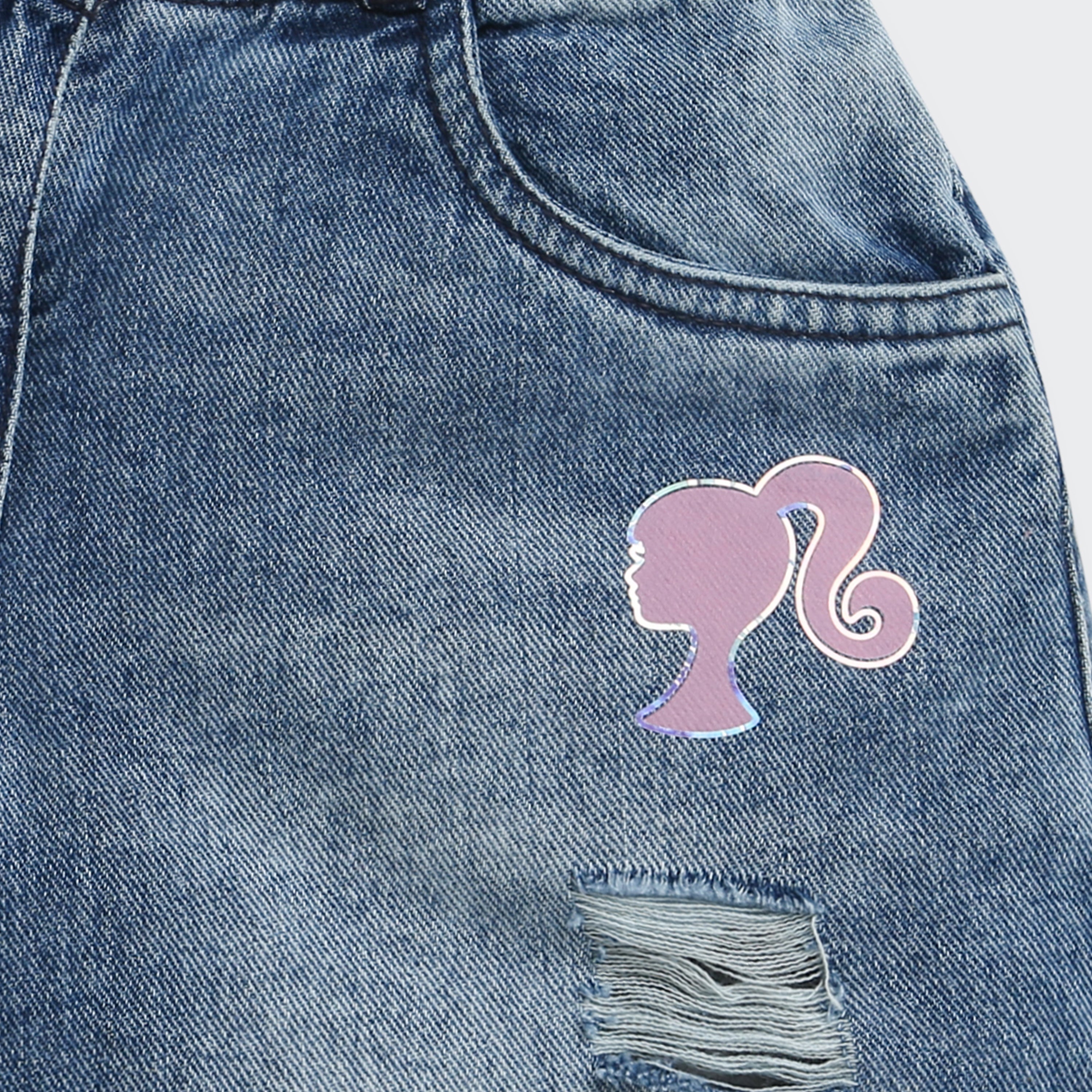 Barbie Distressed Blue Denim Shorts For Girls | Casual Everyday Wear With Logo Patch | Kids | Tiny Girl India